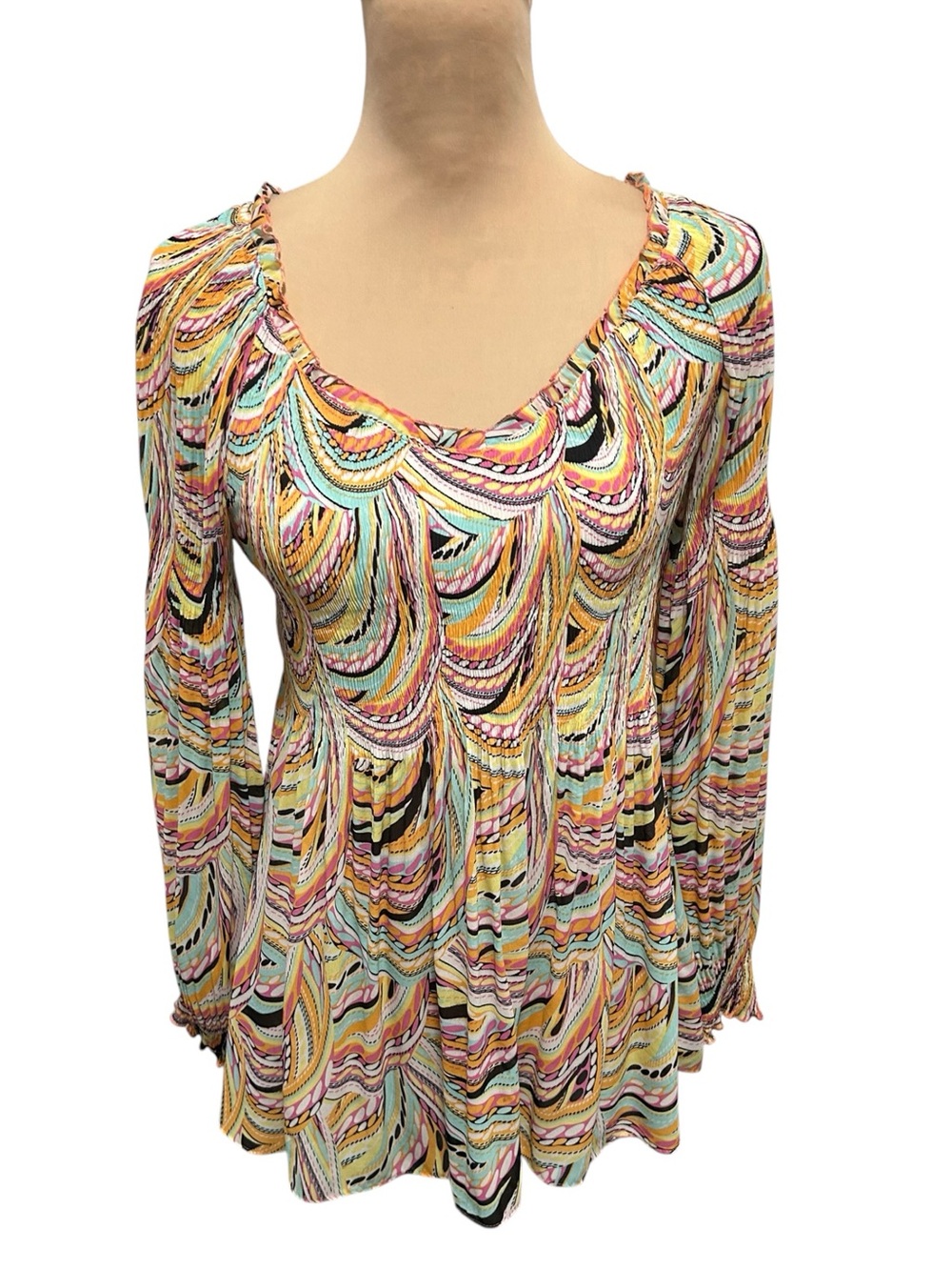 Melissa Paige Long Ruffled Sleeve Babydoll Blouse Pleated Scoop Neck Size Medium